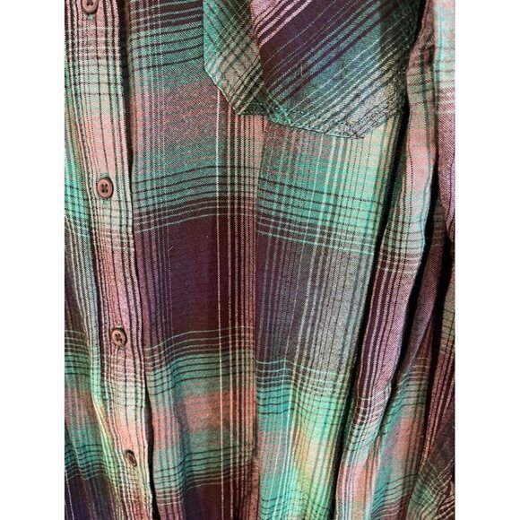 BDG Shirt Women L Green Collar Blue Plaid Buttons Fall Check Grunge Western Soft - Picture 6 of 9